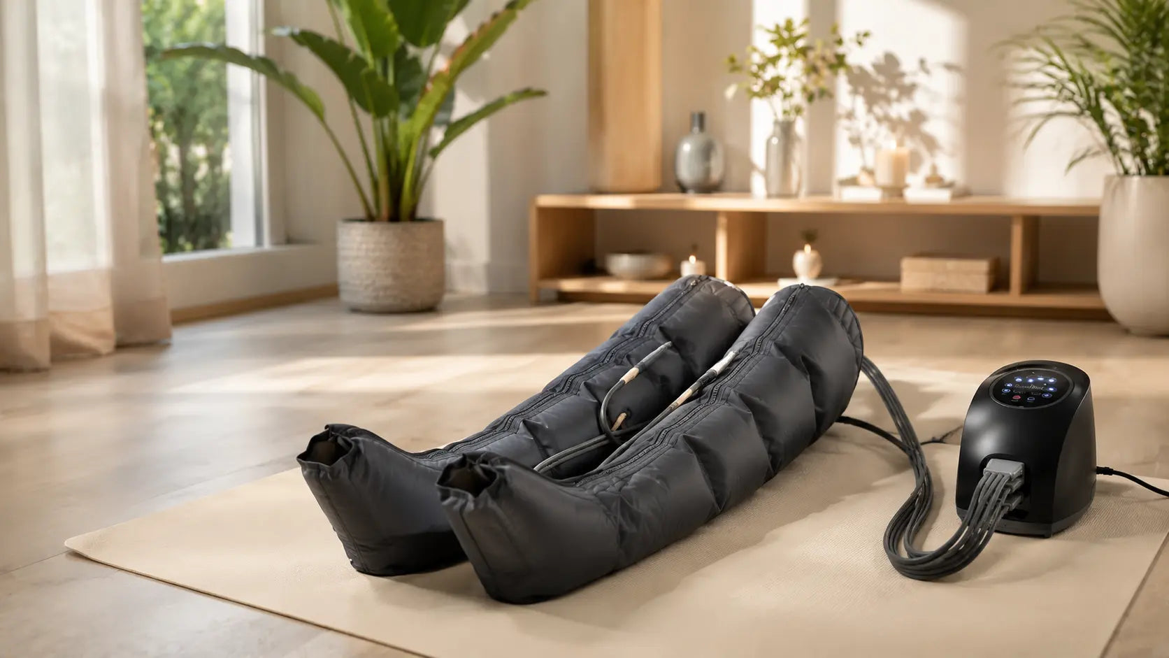 Bottes de pressothérapie grises posées dans un salon lumineux et épuré