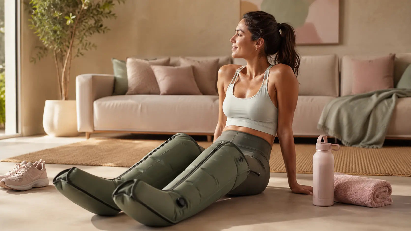 Sportive en récupération avec des bottes de massage à air Image