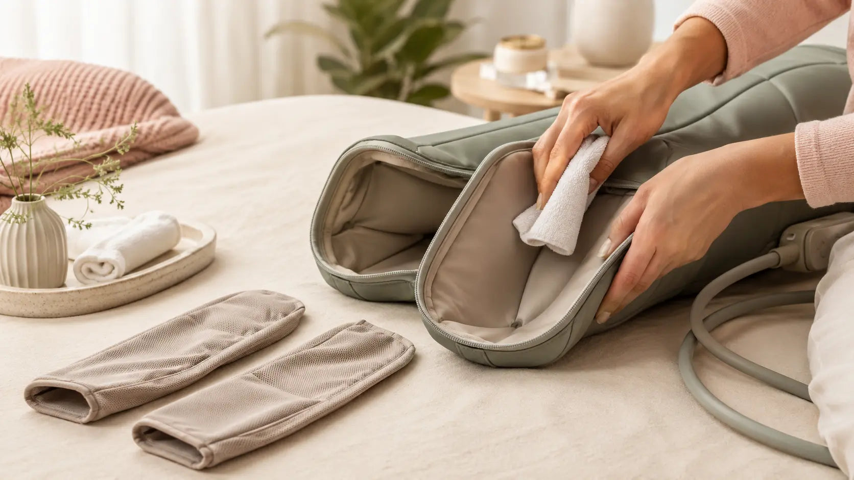 Entretien d'une botte de massage à air avec un chiffon doux
