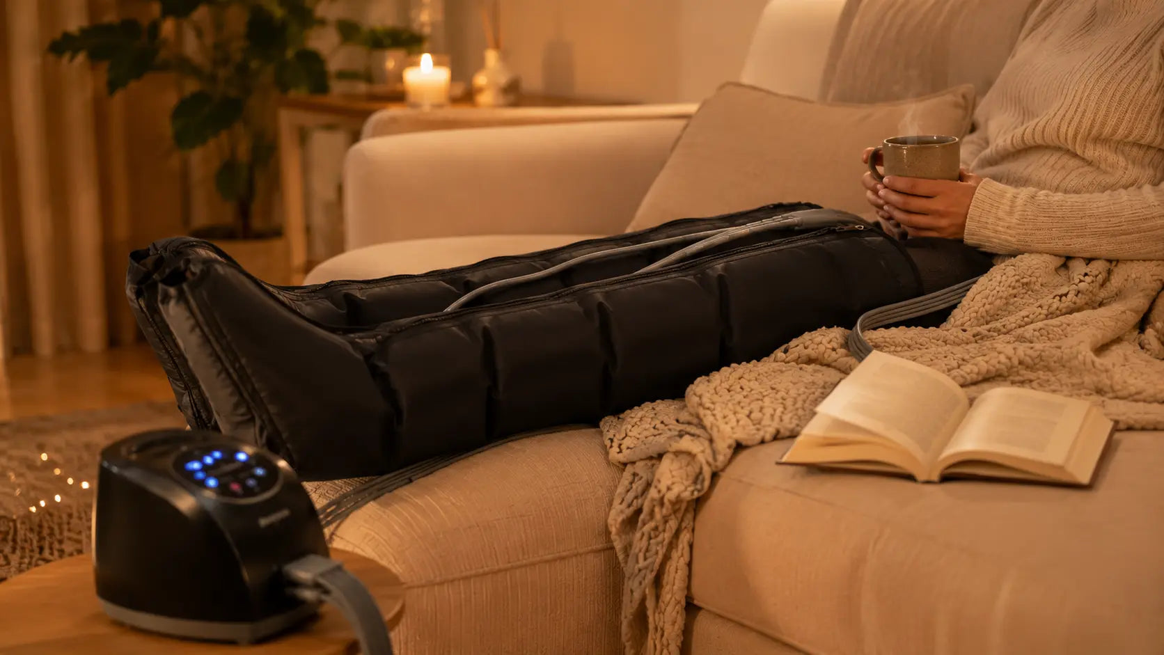 Moment de détente à domicile avec des bottes de massage à air sur le canapé