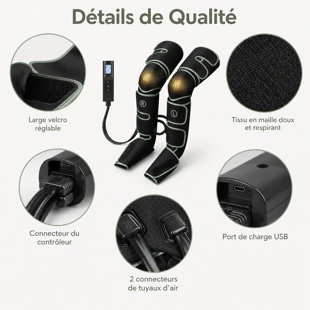 Détail des bottes de massage à air chauffantes Jambes Libres