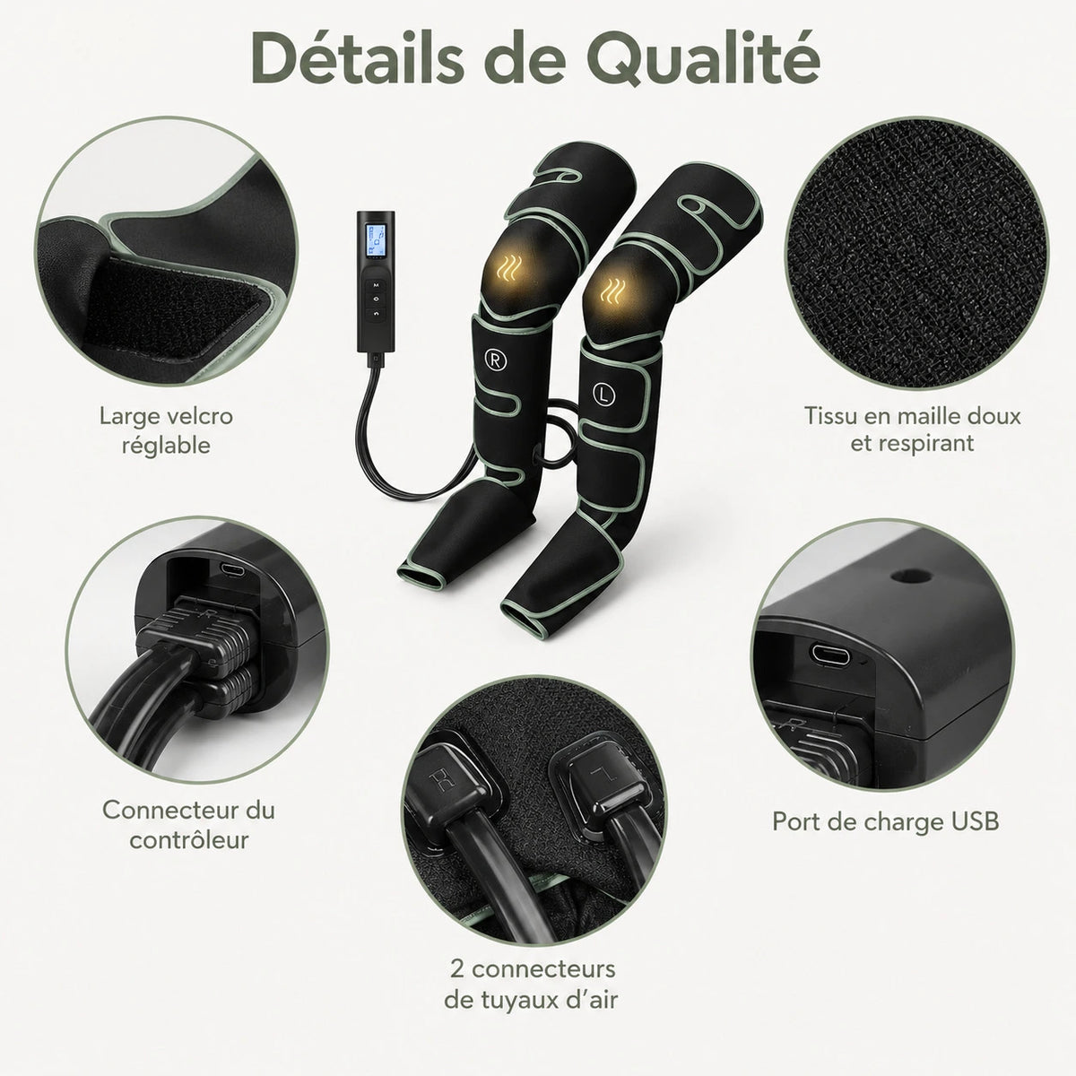 Détail des bottes de massage à air chauffantes Jambes Libres