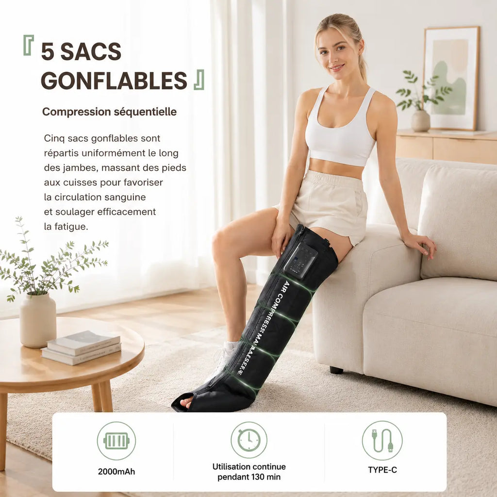 Bottes de pressothérapie sans fil 5 zones rechargeables USB-C